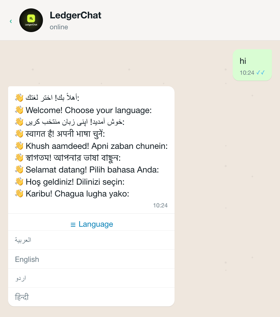 The first message in WhatsApp: LedgerChat replying with a language picker.