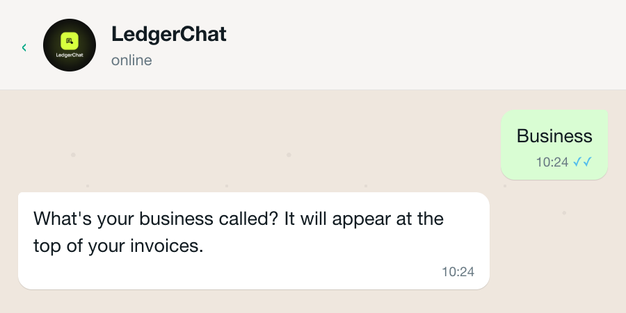 LedgerChat asking whether the books are personal, business, or both.