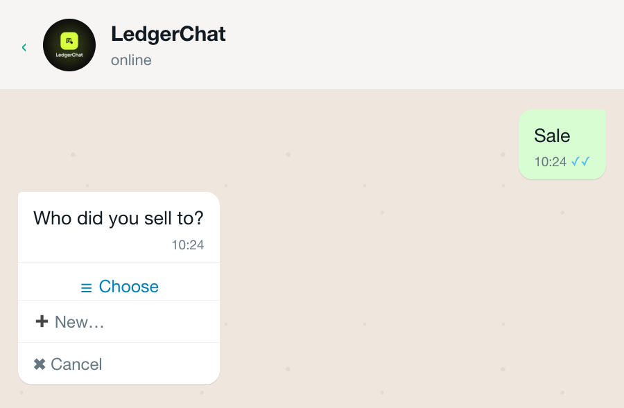 LedgerChat asking who the sale was to, with a list of customers.