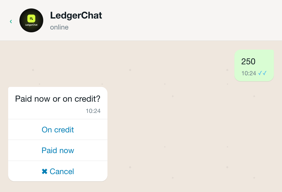 LedgerChat asking whether the sale was paid now or on credit.