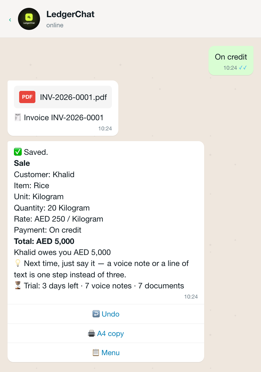 A saved sale in LedgerChat: the summary, the running balance, and an invoice PDF.