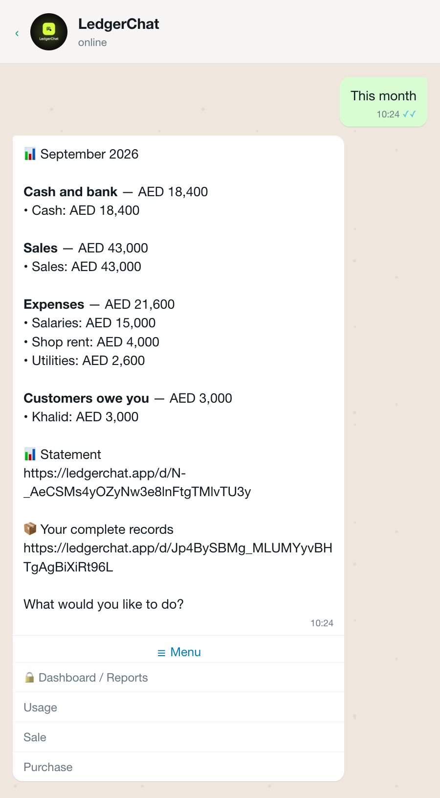 A monthly report in the LedgerChat chat, broken into sections.