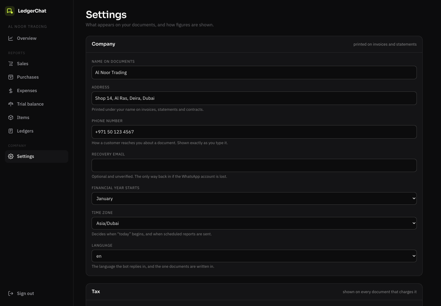 The settings page: company details, tax details, and what cannot be changed.