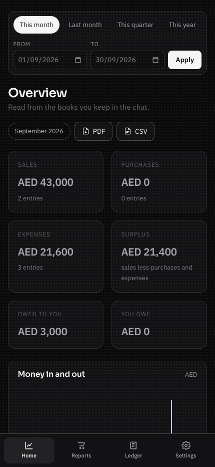 The LedgerChat dashboard on a phone, with a navigation bar along the bottom.
