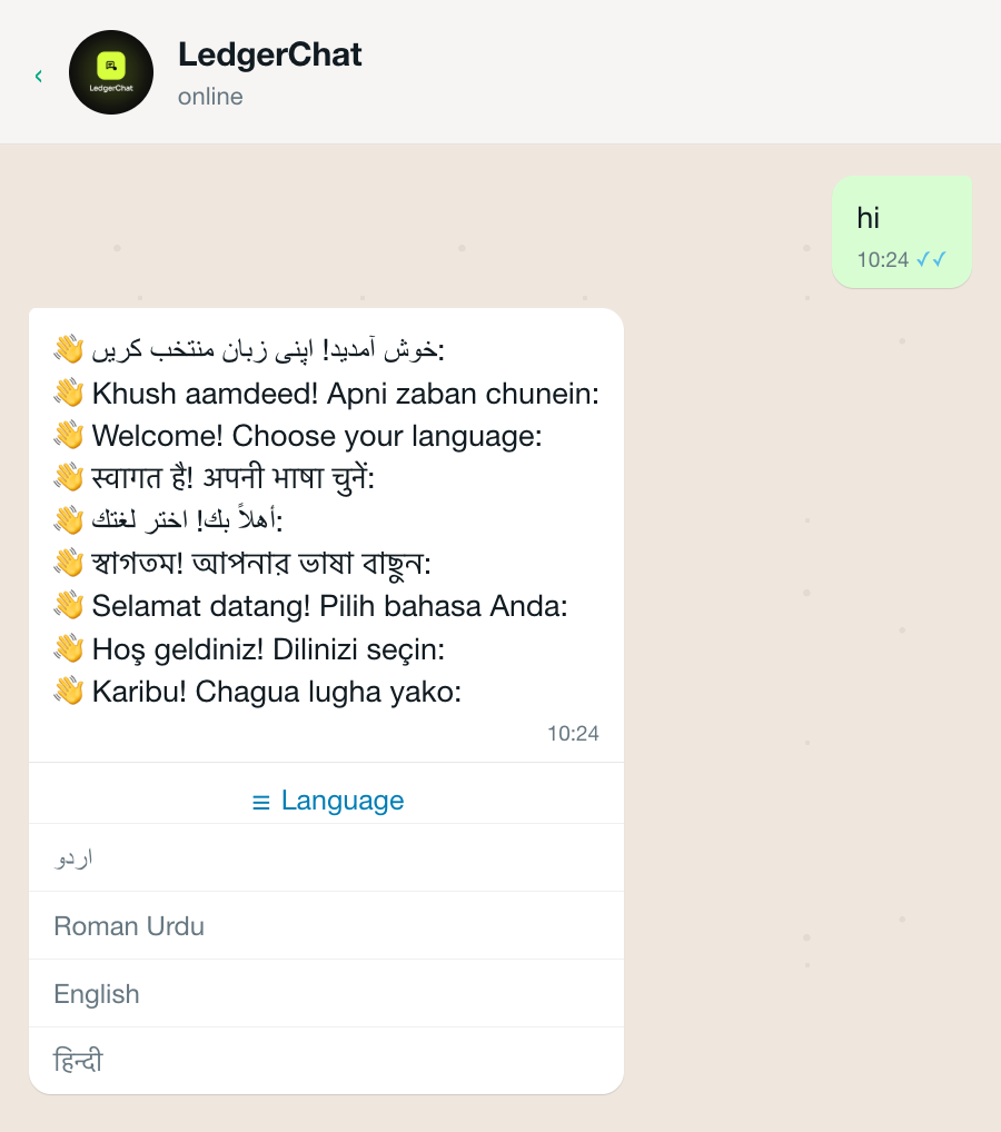 The first message in WhatsApp: LedgerChat replying with a language picker.
