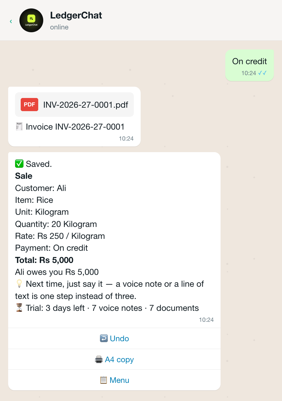 A saved sale in LedgerChat: the summary, the running balance, and an invoice PDF.