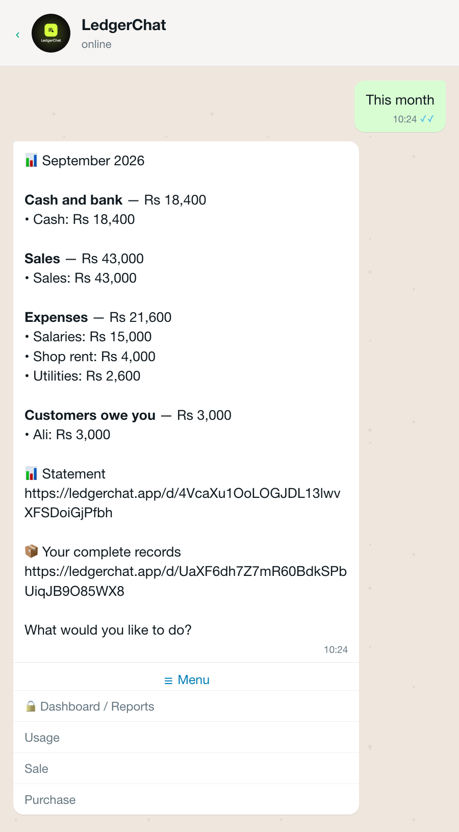 A monthly report in the LedgerChat chat, broken into sections.