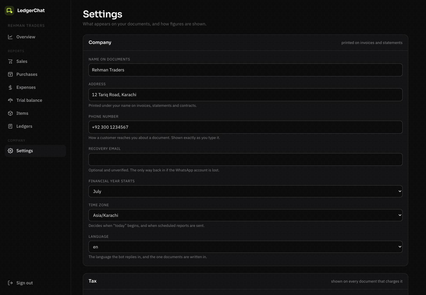 The settings page: company details, tax details, and what cannot be changed.